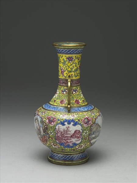 銅胎畫琺瑯帶耳長頸瓶
