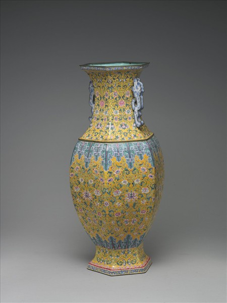 銅胎畫琺瑯六角瓶