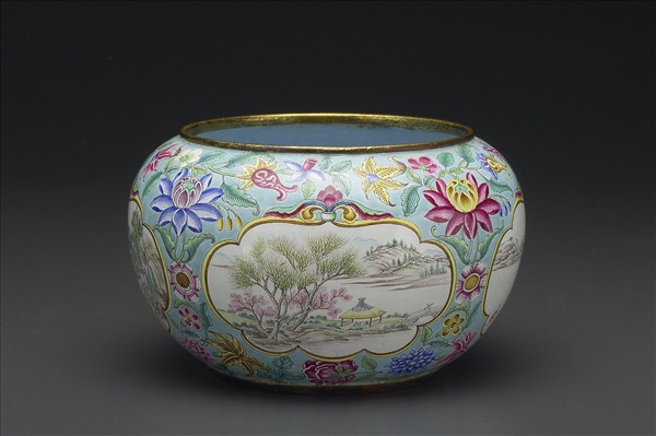 銅胎畫琺瑯山水花卉水盂