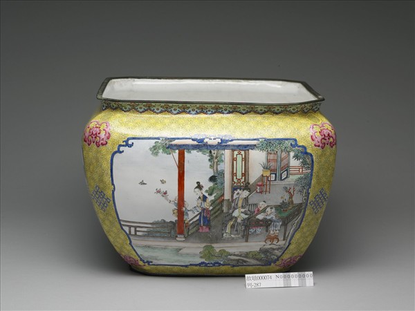 銅胎畫琺瑯課子圖方盆