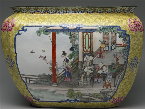 銅胎畫琺瑯課子圖方盆