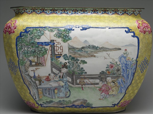 銅胎畫琺瑯課子圖方盆