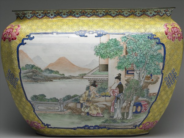 銅胎畫琺瑯課子圖方盆