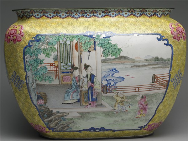 銅胎畫琺瑯課子圖方盆