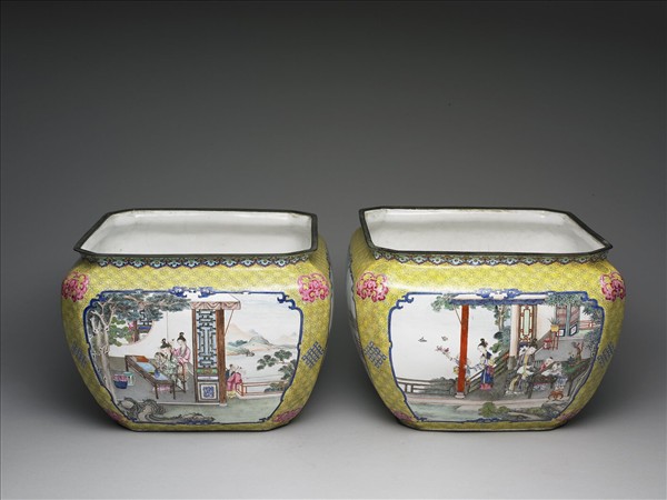 銅胎畫琺瑯課子圖方盆