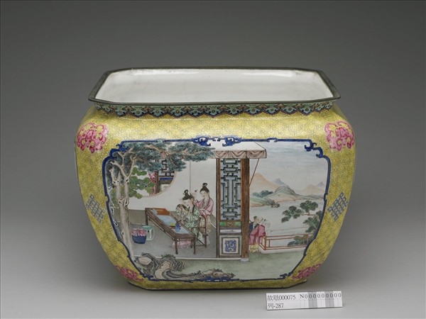 銅胎畫琺瑯課子圖方盆