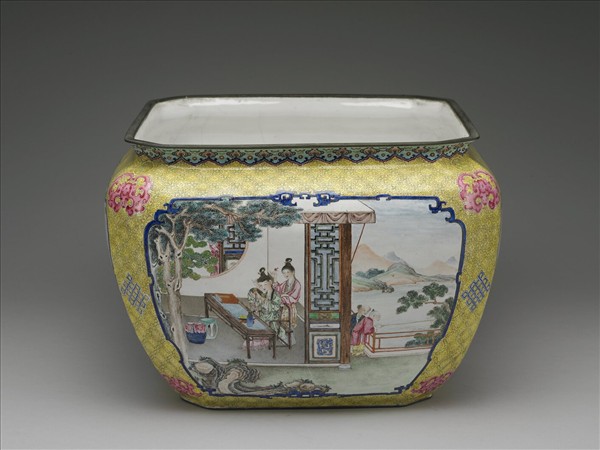 銅胎畫琺瑯課子圖方盆