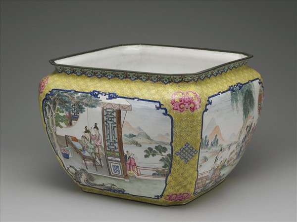 銅胎畫琺瑯課子圖方盆