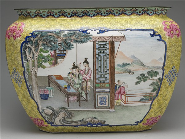 銅胎畫琺瑯課子圖方盆