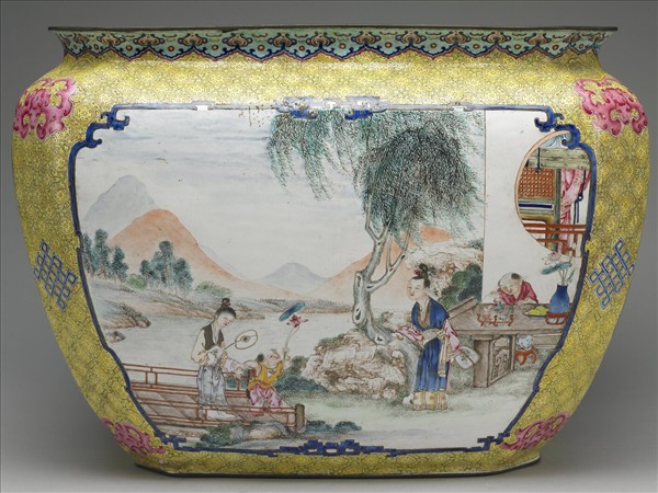 銅胎畫琺瑯課子圖方盆