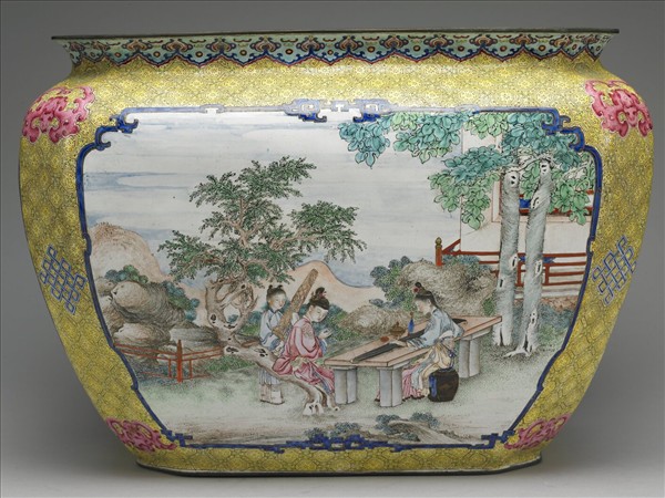 銅胎畫琺瑯課子圖方盆