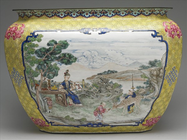 銅胎畫琺瑯課子圖方盆