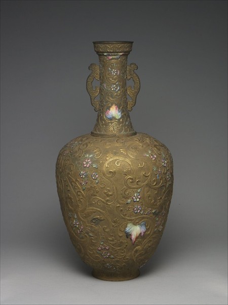 中国古美術・旧藏銅胎鎏金エナメル彩花瓶・珐琅彩・純銅・純手描き・箱付き・文房置物 銅胎內填琺瑯鍍金花瓶- 故宮