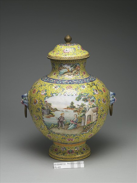 銅胎畫琺瑯山水人物圖蓋罐