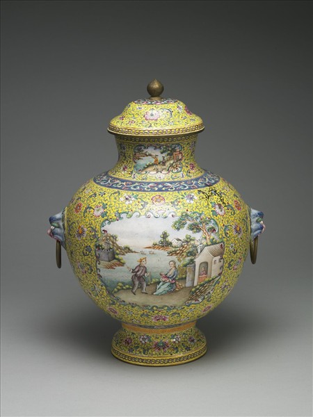 銅胎畫琺瑯山水人物圖蓋罐