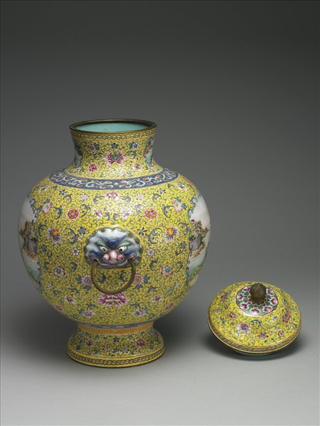 銅胎畫琺瑯山水人物圖蓋罐