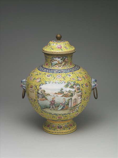 銅胎畫琺瑯山水人物圖蓋罐