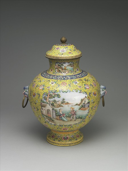 銅胎畫琺瑯山水人物圖蓋罐