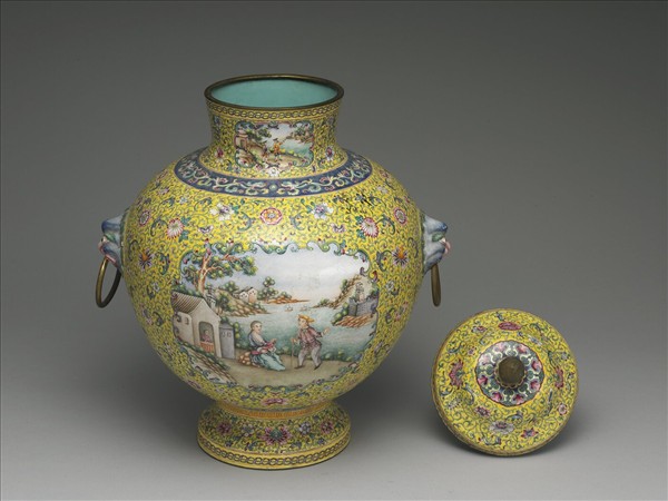 銅胎畫琺瑯山水人物圖蓋罐