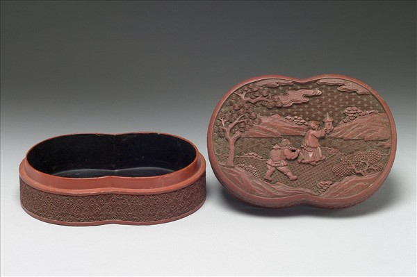 剔紅山水人物雙圓盒