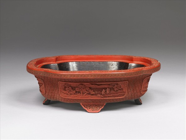 剔紅山水人物圖海棠式花盆