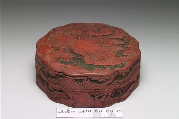 剔彩曲水流觴六瓣盒