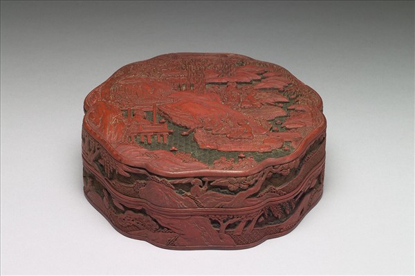 剔彩曲水流觴六瓣盒