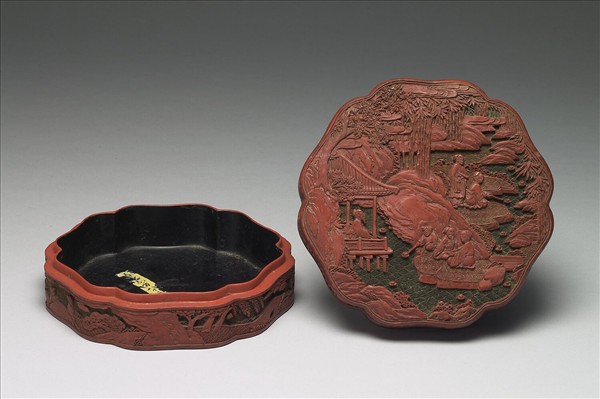 剔彩曲水流觴六瓣盒