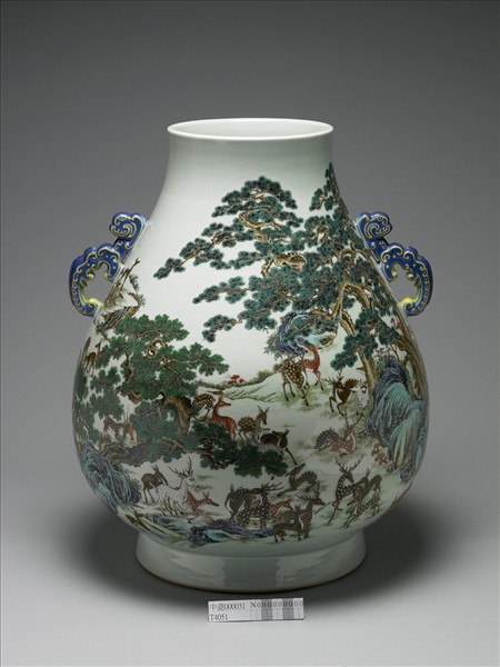 洋彩百鹿雙耳尊