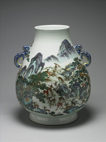 洋彩百鹿雙耳尊