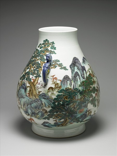 洋彩百鹿雙耳尊