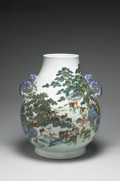 洋彩百鹿雙耳尊