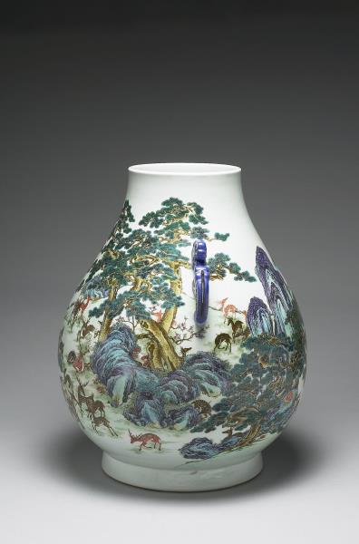 洋彩百鹿雙耳尊