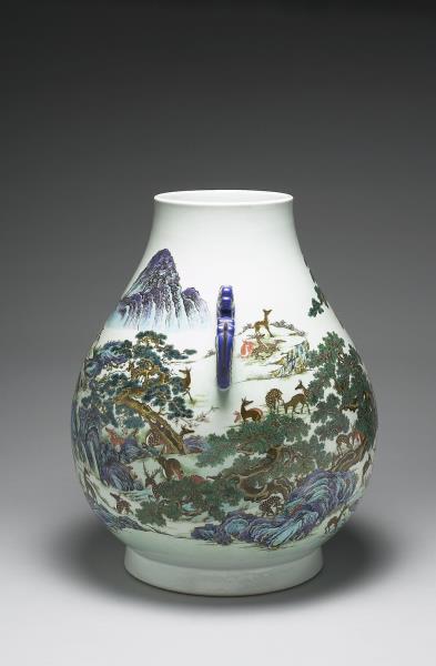 洋彩百鹿雙耳尊