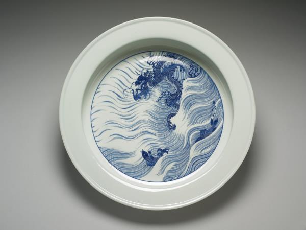 青花魚龍圖折沿洗