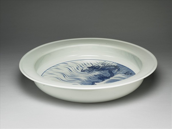 青花魚龍圖折沿洗