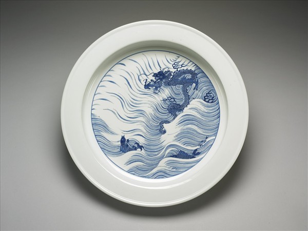 青花魚龍圖折沿洗