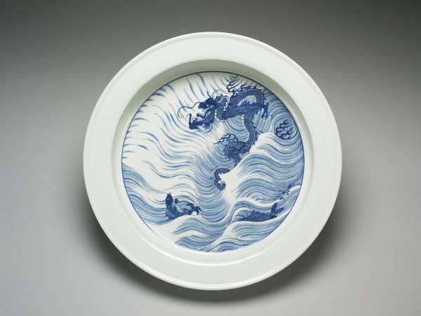 青花魚龍圖折沿洗