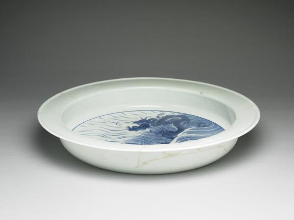 青花魚龍圖折沿洗