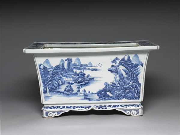 青花山水長方花盆