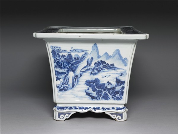 青花山水長方花盆