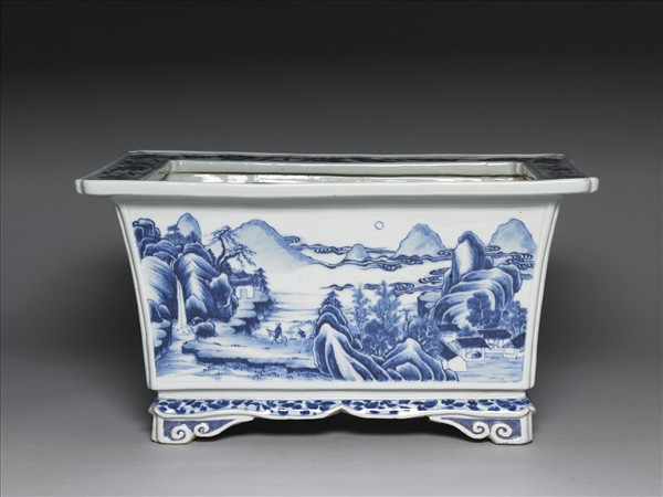 青花山水長方花盆