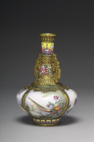 銅胎畫琺瑯花鳥雙耳瓶