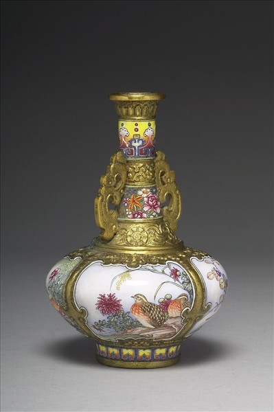 銅胎畫琺瑯花鳥雙耳瓶