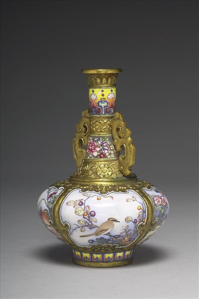 銅胎畫琺瑯花鳥雙耳瓶