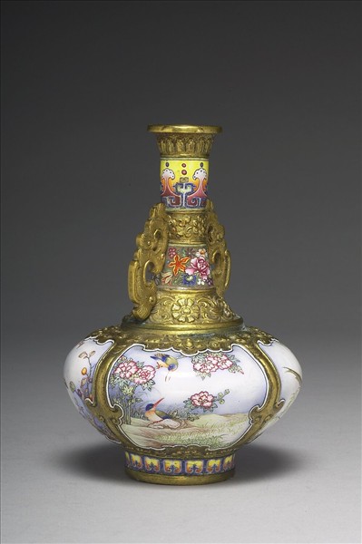 銅胎畫琺瑯花鳥雙耳瓶