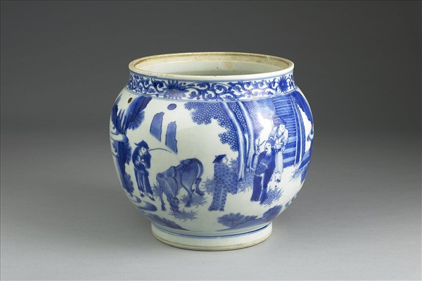 青花山水人物圖罐