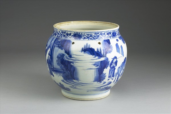 青花山水人物圖罐