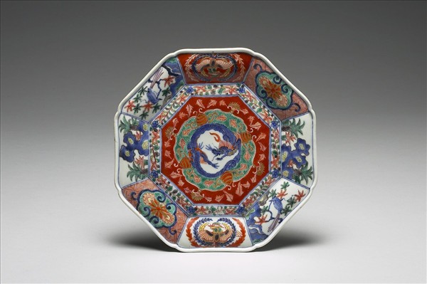 有田窯 青花五彩龍鳳紋八方盤