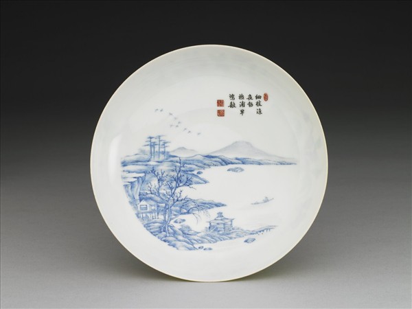 琺瑯彩黃錦地剔花青山水碟